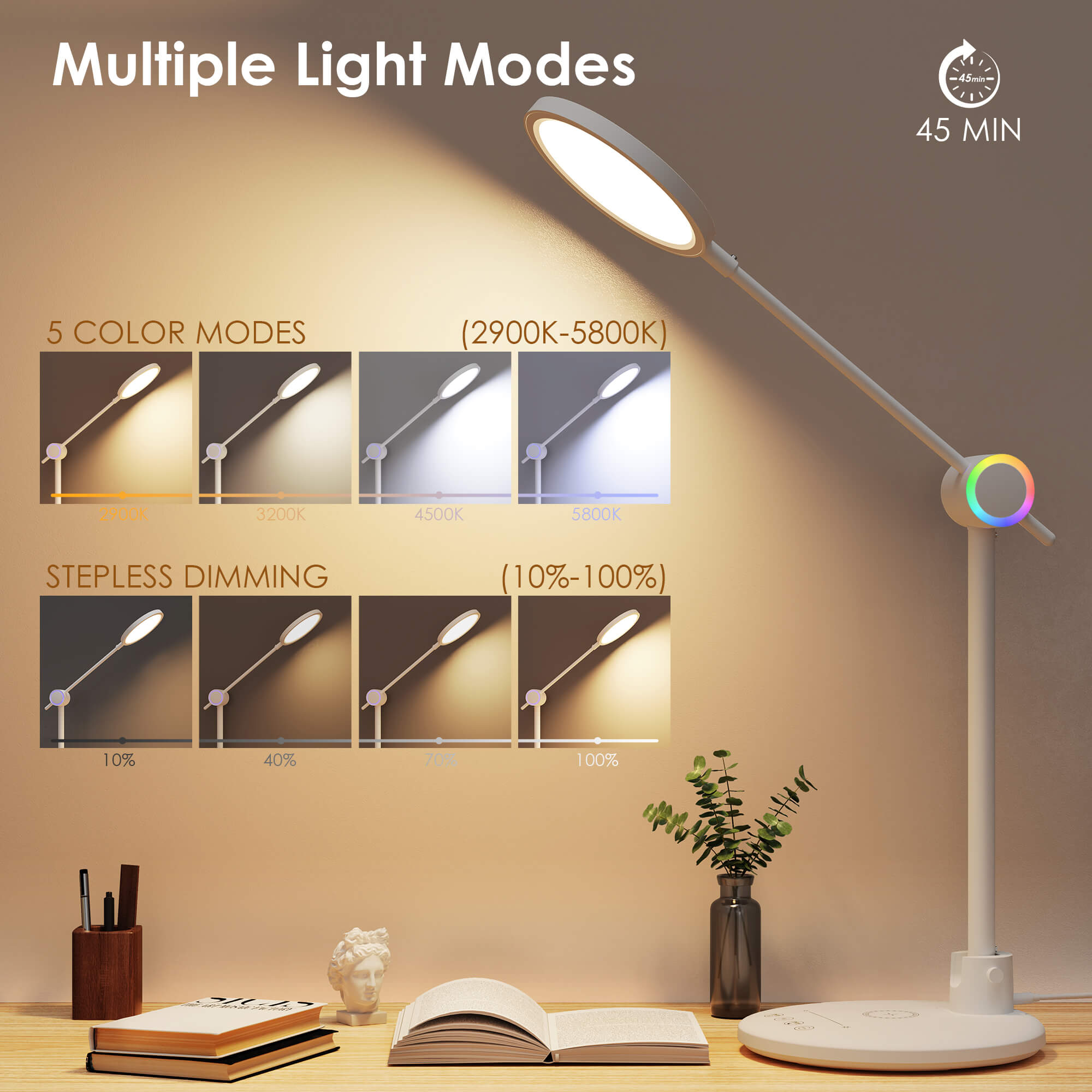 LED Desk Lamp with Wireless Charger, Eye-Caring Table Lamp, Stepless Dimming Modes, 5 Color Modes, Adjustable Swing Arm, Auto-Off Timer, RGB Ambience Night Light, for Home Office & Reading LED Desk Lamp with Wireless Charger, Eye-Caring Table Lamp, Stepless Dimming Modes, 5 Color Modes, Adjustable Swing Arm, Auto-Off Timer, RGB Ambience Night Light, for Home Office & Reading